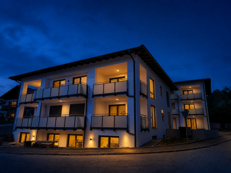 Au�enansicht_abends Deggendorf Terrassenwohnung Hochwertig und Kompakt: Charmante 2-ZI-Wohnung Wohnung in ruhiger Lage von Deggendorf