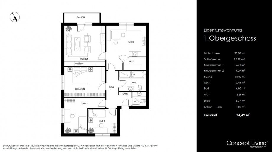 Grundriss Fl�chenaufstellung Etagenwohnung W�rth an der Donau