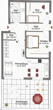 Grundriss TB34 Traumhaft Wohnen | Gr�ne Oase in der Stadt: 3-ZI-Wohnung in idyllischer Wohnanlage mit XXL Terrasse